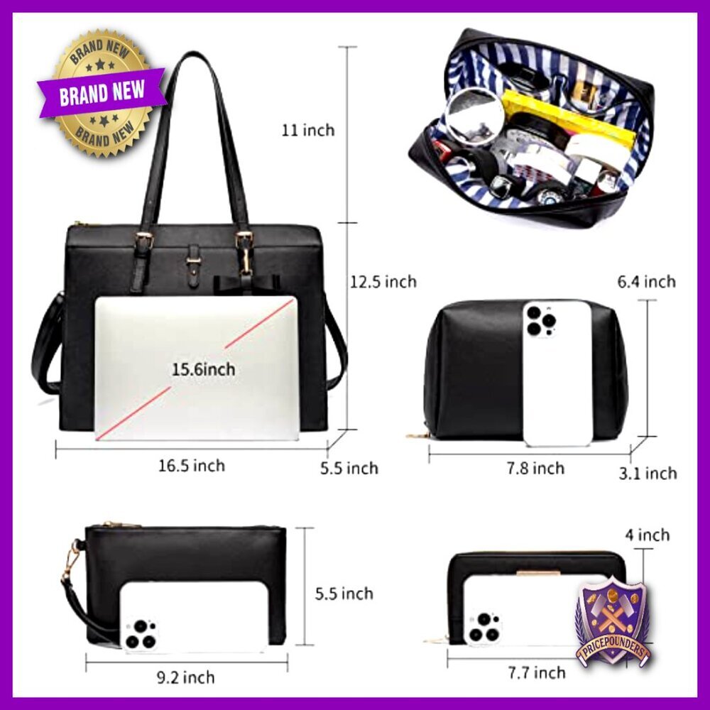 Large Leather Laptop Tote Bag with USB Charging Port, Adjustable Strap, Chic - Picture 4 of 7